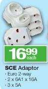 SCE Euro 2-Way Adaptor 2x6A1x16A/3x5A-Each