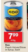 Koo Peach Halves/Slices In Syrup-410g