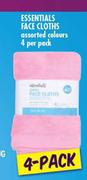 Essentials Face Clothes In Assorted Colours-4 Per Pack