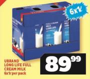 Ubrand Long Life Full Cream Milk-6 x 1Ltr Per Pack