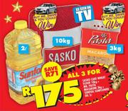 Sasko Cake Wheat Flour 10kg + Mr. Pasta Macroni 3kg + Sunfoil Sunflower Oil 2L-For 3