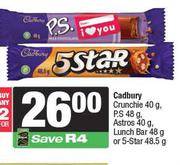 Cadbury Crunchie 40g,P.S 48g,Astros 40g,Lunch Bar 48g,5 Star 48.5g-For 2