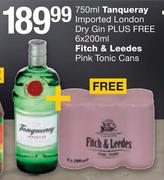 Tanqueray Imported London Dry Gin + Free Fitch & Leedes Pink Tonic Cans-6x200ml