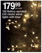 100 Battery Operated LED Cluster Wired Lights With Timer-Per Pack