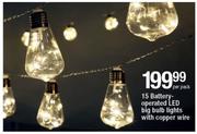15 Battery Operated Big LED Light Bulbs With Copper Wire-Per Pack