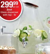 Zest 9L Glass Dispenser With Tap-Per Set