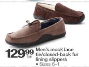 Men's Mock-Lace Tie/Closed-Back Fur Lining Slippers-Per Pair