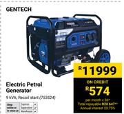 Gentech Electric Petrol 9kVA Recoil Start Generator 753524