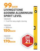 Livingstone 600mm Aluminium Spirit Level 1302029-Each