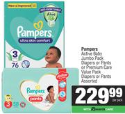 Pampers Active Baby Jumbo Pack Diapers Or Pants Or Premium Care Value Pack Diapers Or Pants-Per Pack
