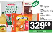 Spar Brown Sugar 2Kg+Super Maize Meal 10Kg+Sunflower Oil 2L+Spekko Long Grain Rice 10Kg-For All
