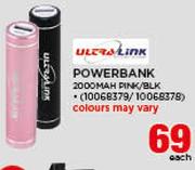 Ultra Link 2000mAh Powerbank PINK/BLK-Each