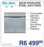 Elba 60cm Stainless Steel Gas Oven S/N8884