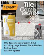 10 Box Terrazo Grey (14.4Sqm), 4x20Kg Tile Adhesive, 5Kg Grout & 2mm Spaces Tile Combo 600x1200