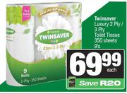 Twinsaver Luxury 2 Ply/3 Ply Toilet Tissue 350 Sheets-9s