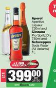 Aperol Aperitivo Liqueur 750ml & Cinzano Pro Spritz Dry 750ml & Schweppes Soda Water 1L-For All