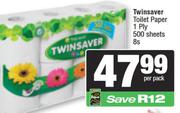 Twinsaver Toilet Paper 1 Ply 500 Sheets-8 Per Pack
