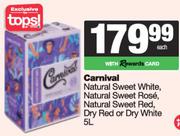 Carnival Natural Sweet White/Rose/Red, Dry Red or Dry White-5Ltr Each