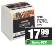 Spar Serviettes 1 Ply White-100 Per Pack