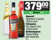 Aperol Aperitivo Liqueur 750ml & Pro Spritz Dry 750ml & Schweppes Soda Water 1L-For All