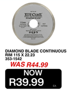 Tork Craft Diamond Blade Continuous Rim 115 x 22.23 353-1542