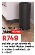 Delinia Casual Round Soft Close Pedal Kitchen Dustbin S/Steel Black 28L 81478697