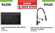 Laveo Tau Granite Sink 1 Bowl 800mm Blk+Delinia Tomas Spring Neck Kitchen Sink Mixer Tap-For Both