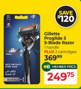 Gillete Proglide 5  5-Blade Razor (1 Handle Plus 2 Cartridges)