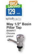 Splash Works May 1/2" Basin Pillar Tap Chrome Plated BAMAY7-Each