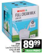 Spar Full Cream,Low Fat Or Fat Free Long Life Milk-6 x 1L