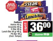 Cadbury Astros 40g,Crunchie 40g,5 Star 48g,Lunch Bar 44g/48g,P.S Bar 48g-For Any 3