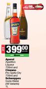 Aperol Aperitivo Liqueur 750ml & Cinzano Pro Spritz Dry 750ml & Schweppes Soda Water 1L-For All