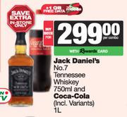 Jack Daniel's No.7 Tennessee Whisky 750ml & Coca Cola 1L-Both For