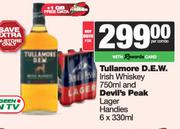 Tullamore D.E.W Irish Whisky 750ml & Devil's Peak Lager Handies 6 x 330ml-Both For