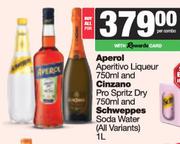 Aperol Aperitivo Liqueur 750ml & Cinzano Pro Spritz Dry 750ml & Schweppes Soda Water 1L-For All
