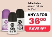 Pride Ladies Or Men Roll On-For Ant 3 x 50ml