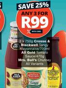 Crosse & Blackwell Tangy Mayonnaise 3 x 750g/All Gold Tomato Sauce 700ml-For Any 3