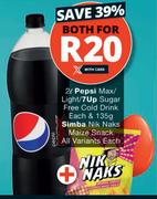 Pepsi Max/Light/7 Up Sugar Free Cold Drink 2L & Simba Nik Naks Maize Snack 135g-Both For