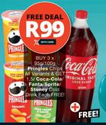 Pringles Chips 3 x 95g/100g & Get Coca Cola/Fanta/Sprite/Stoney Cold Drink 1.5L Free