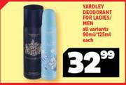 Yardley Deodorant For Ladies/Men All Variants-90ml/125ml Each