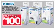 Philips 6.5 SES/ES Candle Or Mini Globe Or 5W ES/BC Warm Or Cool White LED Globe-For 4