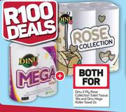 Dinu 2 Ply Rose Collection Toilet Tissue 18's And Dinu Mega Roller Towel 2's-For Both
