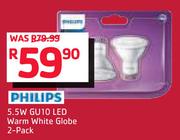 Philips 5.5W GU10 LED Warm White Globe 2-Pack