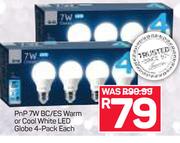 PnP 7W BC/ES Warm or Cool White LED Globe-4 Pack Each