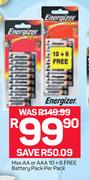 Energizer Max AA Or AAA 10 + 6 Free Battery Pack-Per Pack