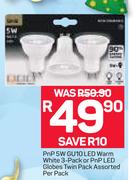 PnP 5W GU10 LED Warm White 3 Pack Or PnP LED Globes Twin Pack Assorted-Per Pack