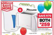 Pineware White 2 Slice Toaster PET201 + Pineware 1.7Ltr Corded Kettle PET201-Both For