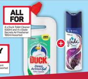 Duck Toilet Cleaner 4x500ml And Glade Secrets Air Freshner 4x180ml-All For