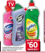 Sunlight Dishwashing Liquid, Handy Andy Cream And Domestos Thick Bleach Assorted-3 X 750ml