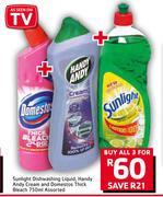 Sunlight Dishwashing Liquid, Handy Andy Cream & Domestos Thick Bleach Assorted-3 x 750ml-For All